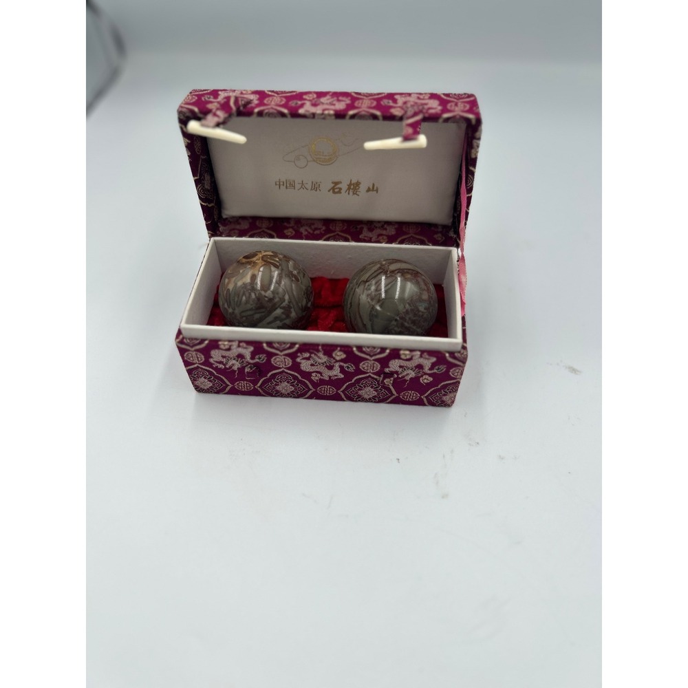 Vintage Chinese Stone Baoding Balls Meditative Stress Relief Set with Silk Box